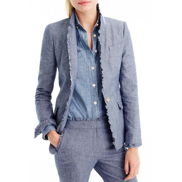 JCrew Regent Blazer Chambray Ruffle Blue One Button Front Preppy C10